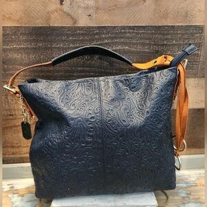 Embossed Navy Shoulder Bag with Contrast Tan Strap